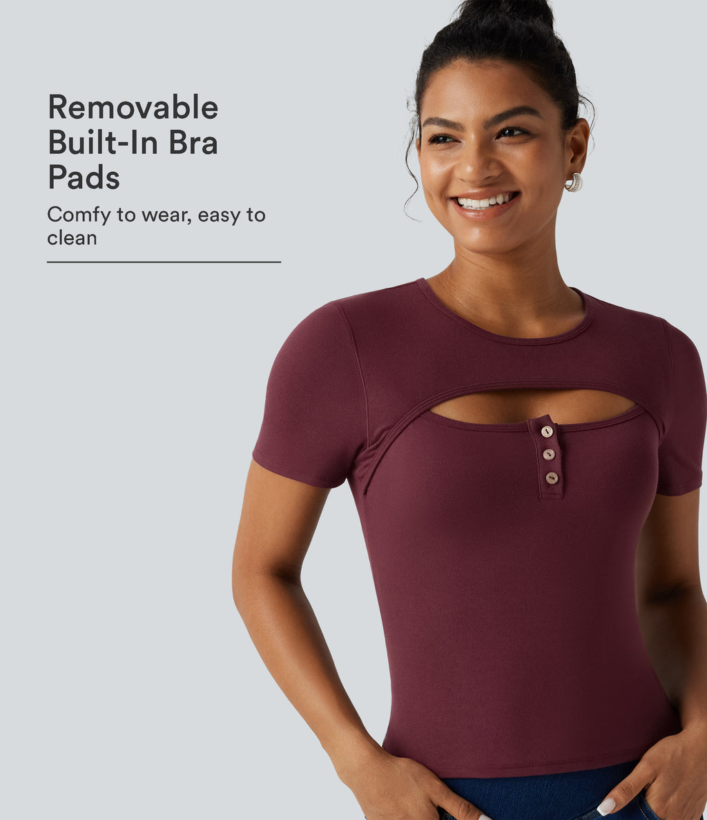 Ribbed Knit Round Neck Cut Out Short Sleeve Built-in Bra Casual T-Shirt — Tawny Port — view 1