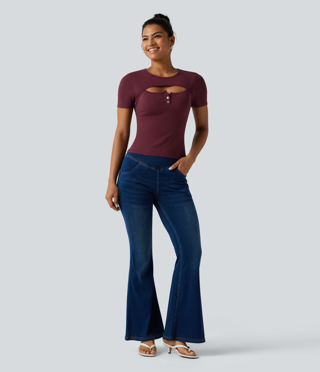 Ribbed Knit Round Neck Cut Out Short Sleeve Built-in Bra Casual T-Shirt — Tawny Port — view 8