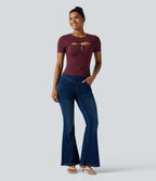 Ribbed Knit Round Neck Cut Out Short Sleeve Built-in Bra Casual T-Shirt — Tawny Port — view 8