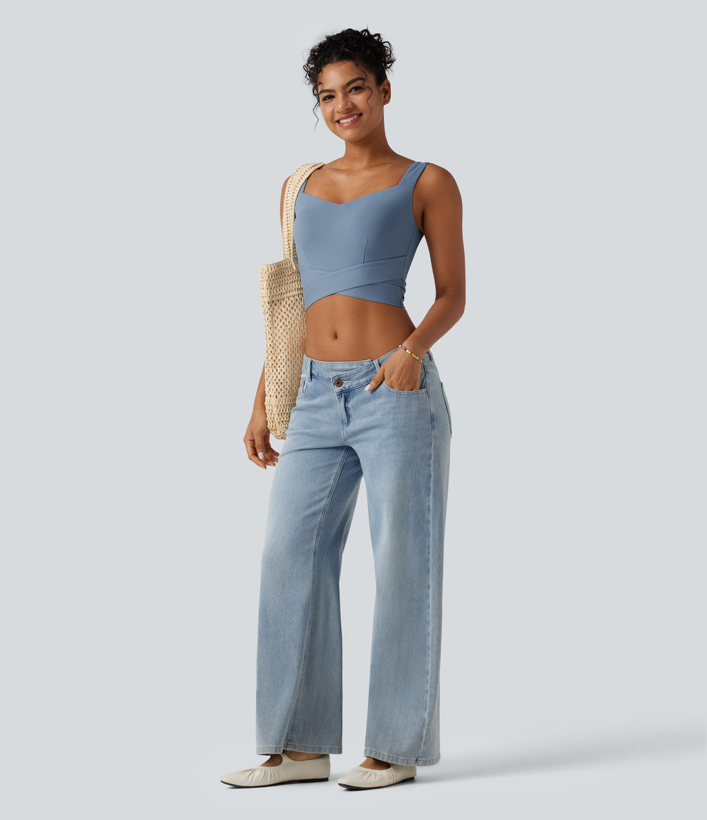 Diamond Collar Built-in Bra Crossover Hem Cropped Casual Tank Top — Moon Ice Blue — view 7