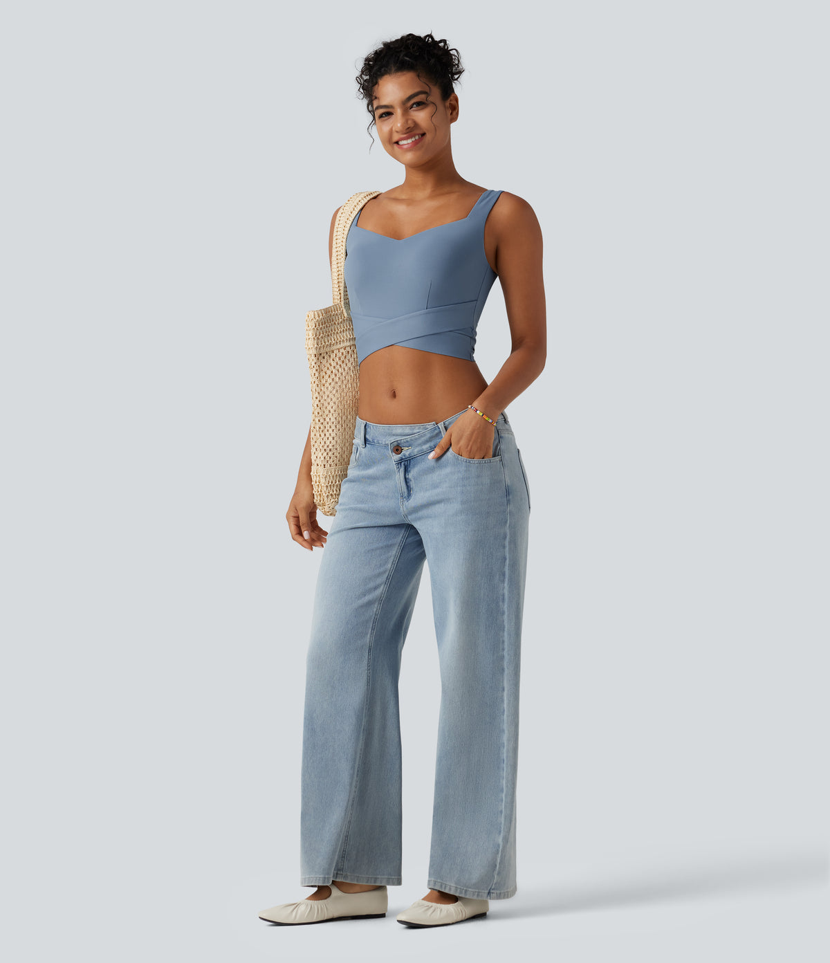 Diamond Collar Built-in Bra Crossover Hem Cropped Casual Tank Top — Moon Ice Blue — view 7