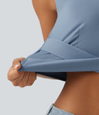 Diamond Collar Built-in Bra Crossover Hem Cropped Casual Tank Top — Moon Ice Blue — view 6