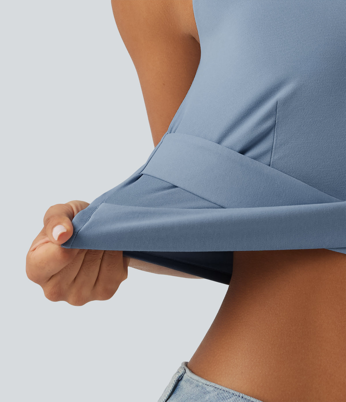 Diamond Collar Built-in Bra Crossover Hem Cropped Casual Tank Top — Moon Ice Blue — view 6