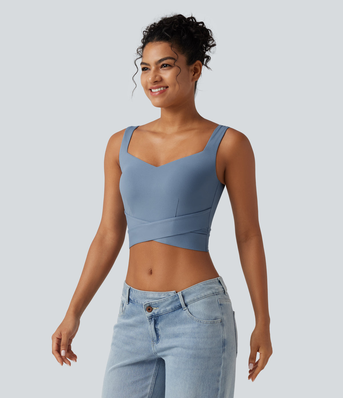 Diamond Collar Built-in Bra Crossover Hem Cropped Casual Tank Top — Moon Ice Blue — view 3
