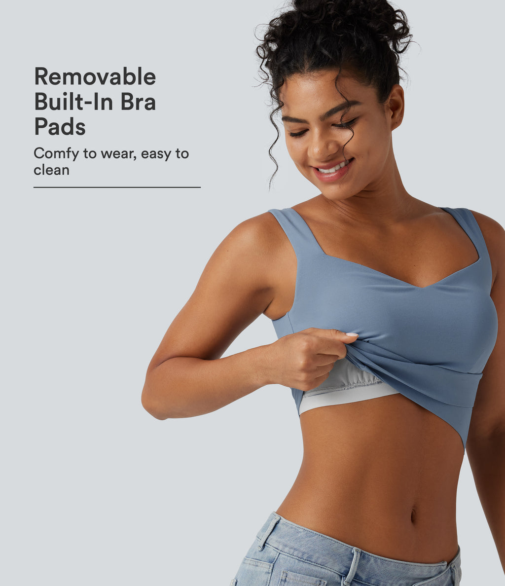 Diamond Collar Built-in Bra Crossover Hem Cropped Casual Tank Top — Moon Ice Blue — view 1