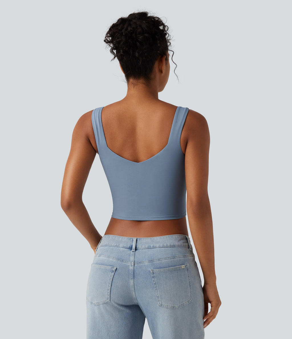 Diamond Collar Built-in Bra Crossover Hem Cropped Casual Tank Top — Moon Ice Blue — view 2
