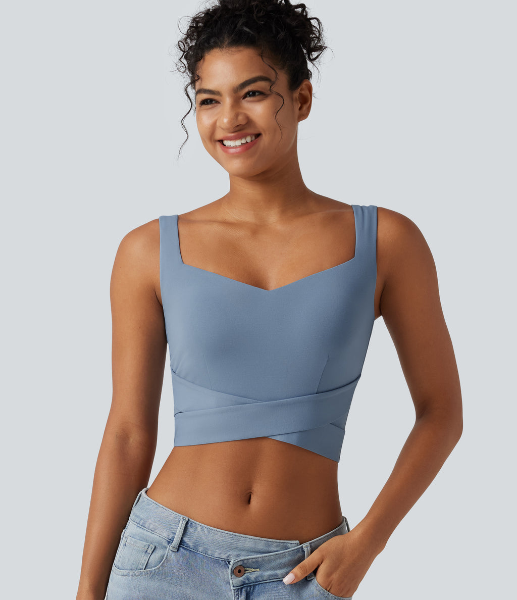Diamond Collar Built-in Bra Crossover Hem Cropped Casual Tank Top — Moon Ice Blue — view 5