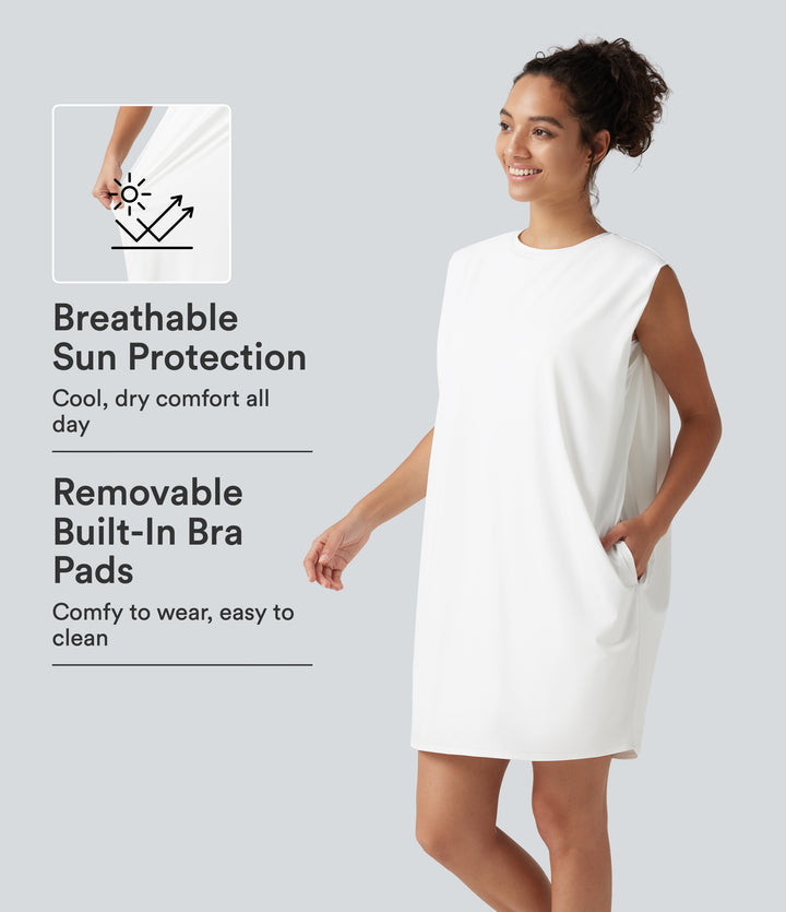 Round Neck Sleeveless Built-in Bra Cool Touch Mini Yoga Active Dress with Pockets-UPF50+ — White — view 1