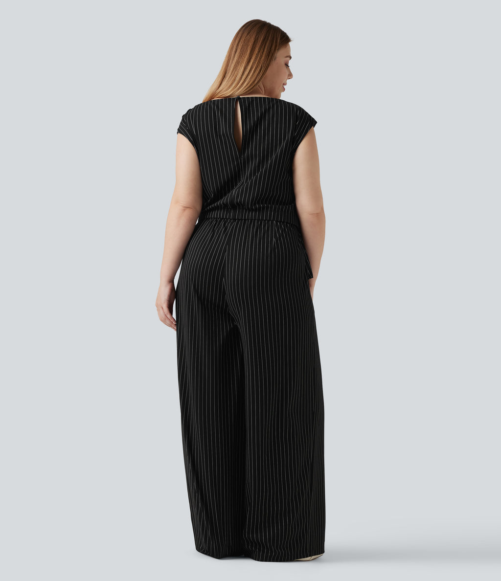 Plus Size Boat Neck Sleeveless Tie Side Cool Touch Stripe Work Jumpsuit with Pockets-Edition — Black White Pinstripe — view 2