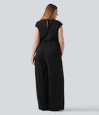 Plus Size Boat Neck Sleeveless Tie Side Cool Touch Stripe Work Jumpsuit with Pockets-Edition — Black White Pinstripe — view 2