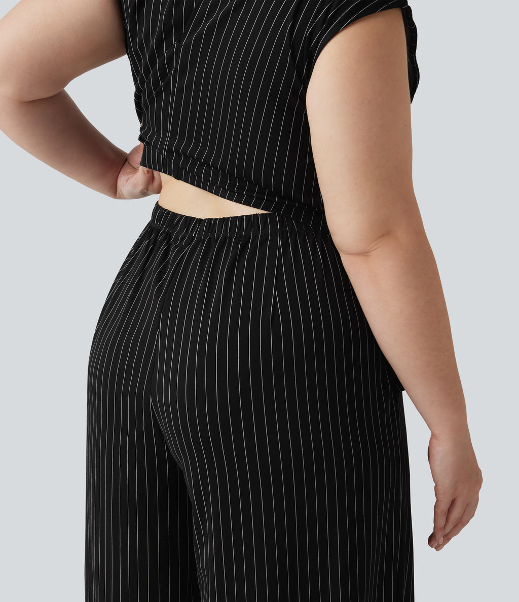 Plus Size Boat Neck Sleeveless Tie Side Cool Touch Stripe Work Jumpsuit with Pockets-Edition — Black White Pinstripe — view 6