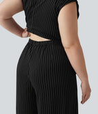 Plus Size Boat Neck Sleeveless Tie Side Cool Touch Stripe Work Jumpsuit with Pockets-Edition — Black White Pinstripe — view 6