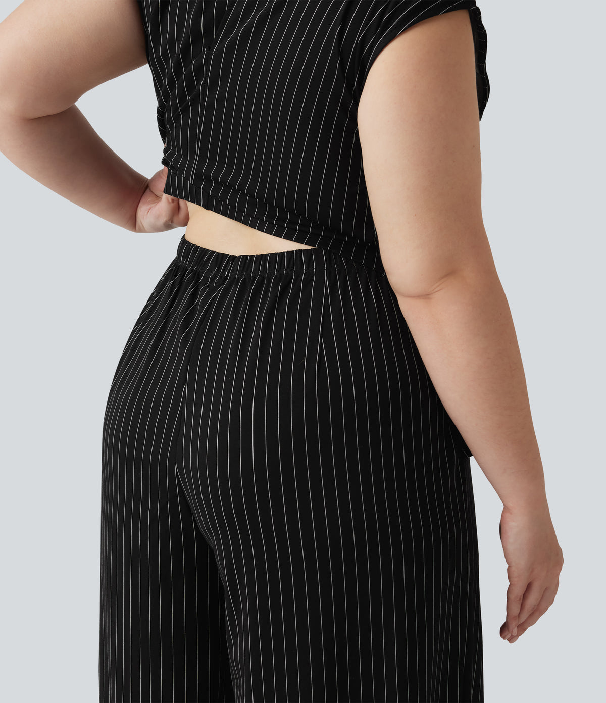 Plus Size Boat Neck Sleeveless Tie Side Cool Touch Stripe Work Jumpsuit with Pockets-Edition — Black White Pinstripe — view 6