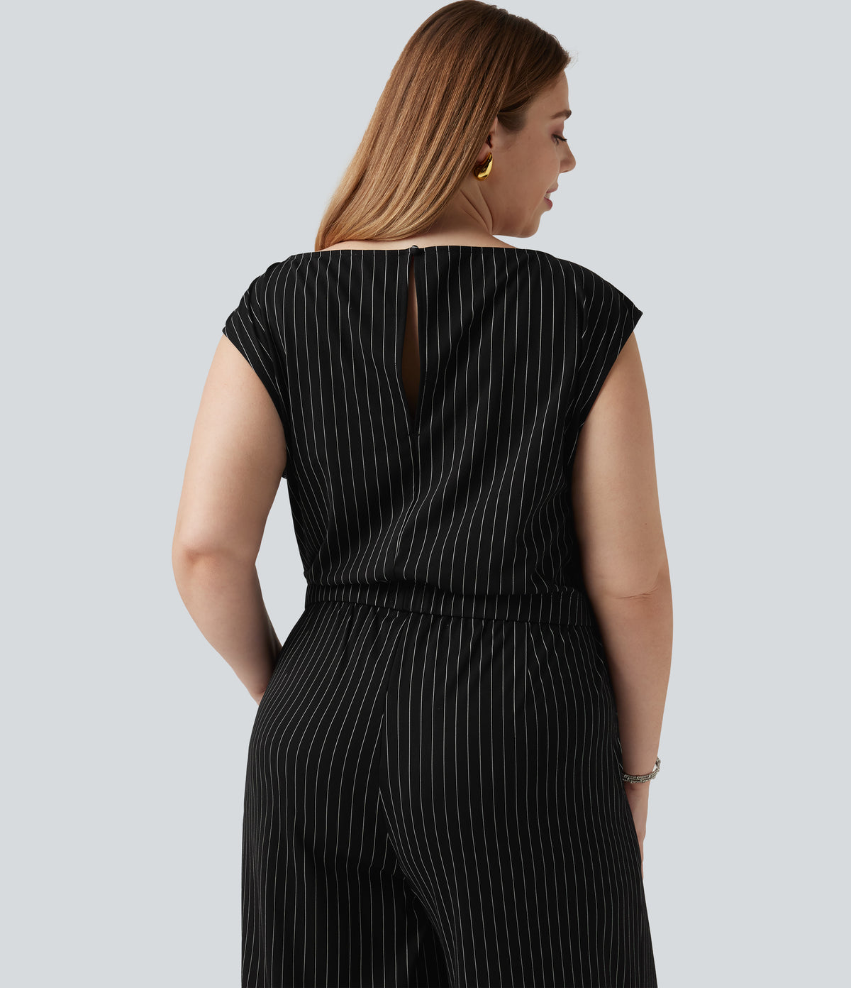 Plus Size Boat Neck Sleeveless Tie Side Cool Touch Stripe Work Jumpsuit with Pockets-Edition — Black White Pinstripe — view 5