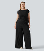 Plus Size Boat Neck Sleeveless Tie Side Cool Touch Stripe Work Jumpsuit with Pockets-Edition — Black White Pinstripe — view 3