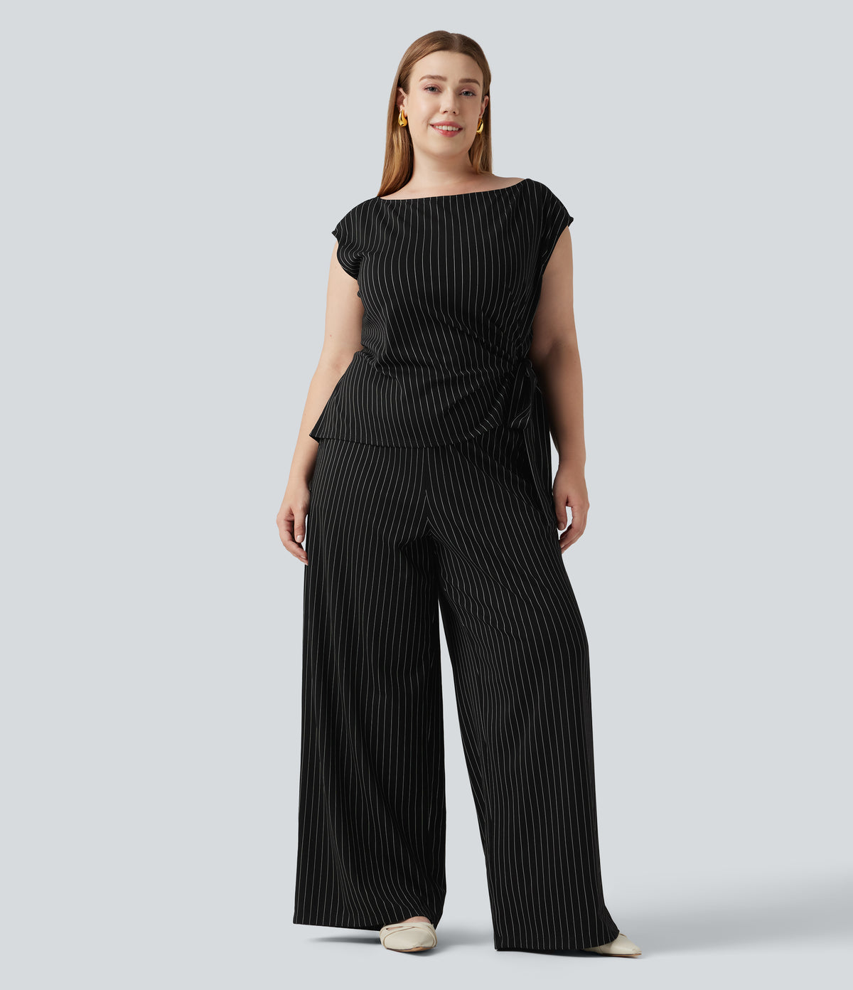 Plus Size Boat Neck Sleeveless Tie Side Cool Touch Stripe Work Jumpsuit with Pockets-Edition — Black White Pinstripe — view 3