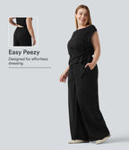 Plus Size Boat Neck Sleeveless Tie Side Cool Touch Stripe Work Jumpsuit with Pockets-Edition — Black White Pinstripe — view 1