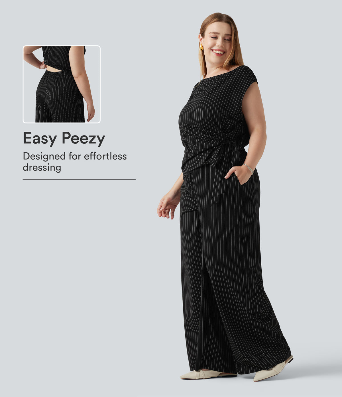Plus Size Boat Neck Sleeveless Tie Side Cool Touch Stripe Work Jumpsuit with Pockets-Edition — Black White Pinstripe — view 1
