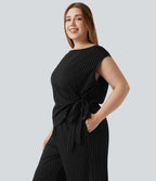 Plus Size Boat Neck Sleeveless Tie Side Cool Touch Stripe Work Jumpsuit with Pockets-Edition — Black White Pinstripe — view 4