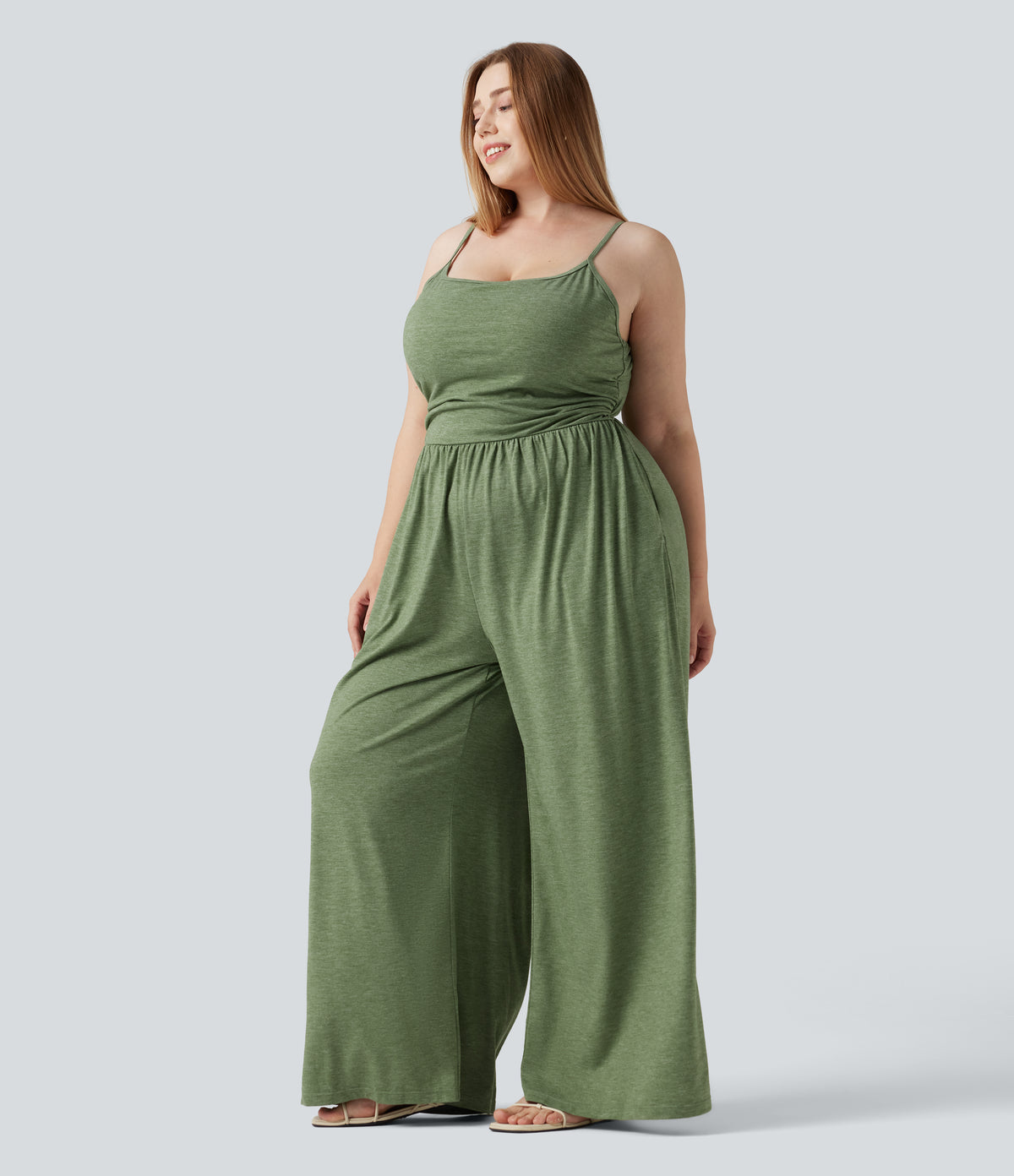 Plus Size Built-in Bra Ruched Wide Leg Heathered Casual Jumpsuit with Pockets-Edition — Light Green Floral Yarn — view 3