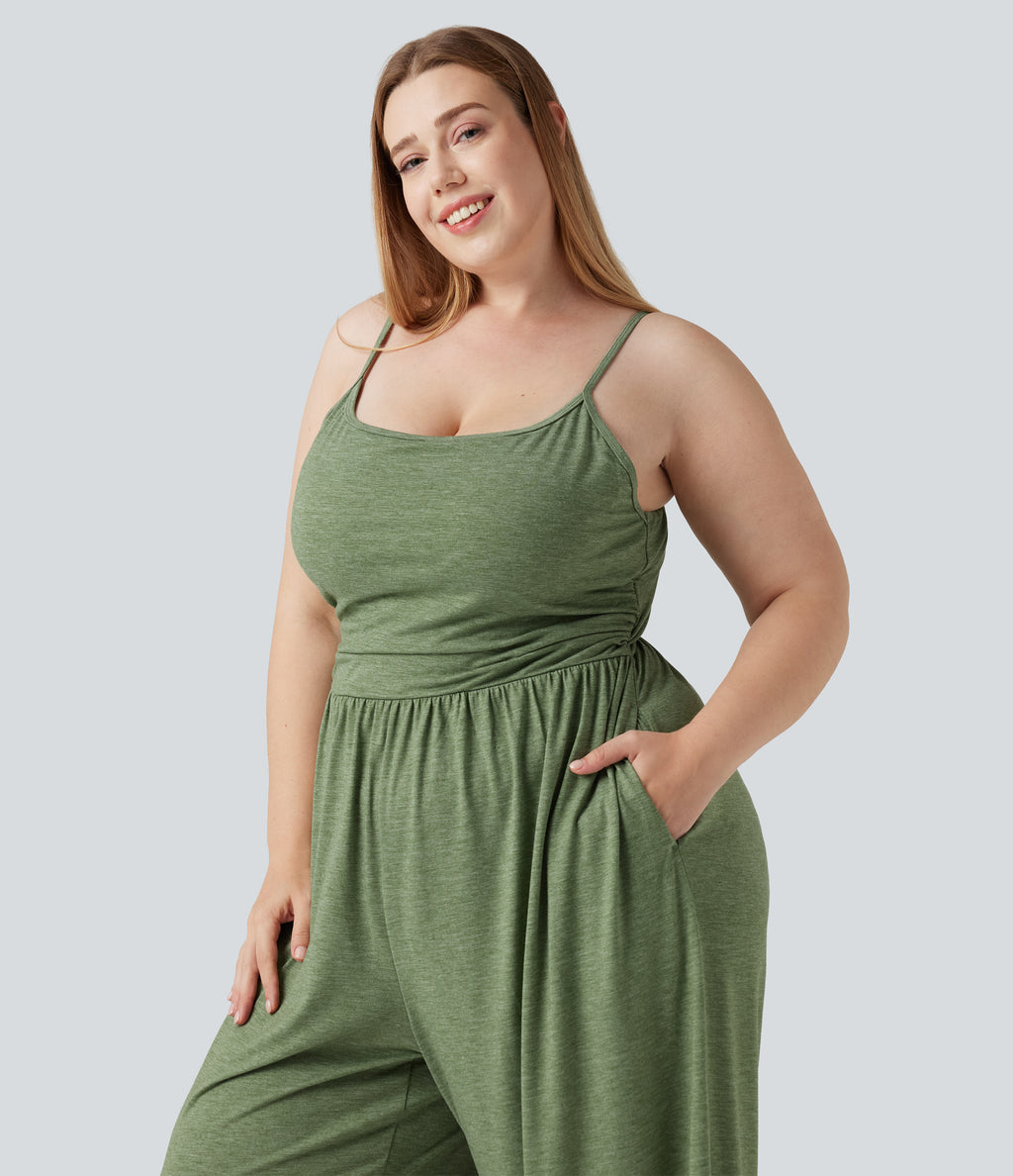 Plus Size Built-in Bra Ruched Wide Leg Heathered Casual Jumpsuit with Pockets-Edition — Light Green Floral Yarn — view 6