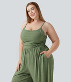 Plus Size Built-in Bra Ruched Wide Leg Heathered Casual Jumpsuit with Pockets-Edition — Light Green Floral Yarn — view 6