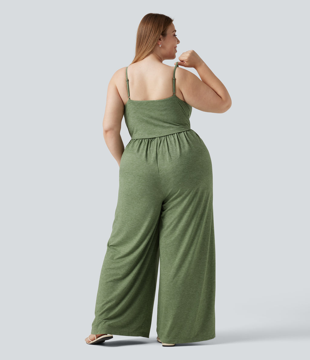 Plus Size Built-in Bra Ruched Wide Leg Heathered Casual Jumpsuit with Pockets-Edition — Light Green Floral Yarn — view 2
