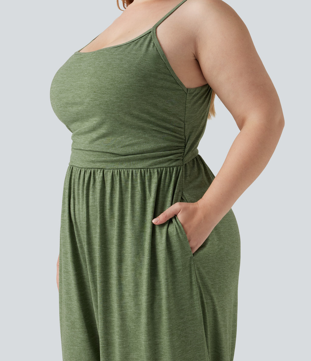 Plus Size Built-in Bra Ruched Wide Leg Heathered Casual Jumpsuit with Pockets-Edition — Light Green Floral Yarn — view 7