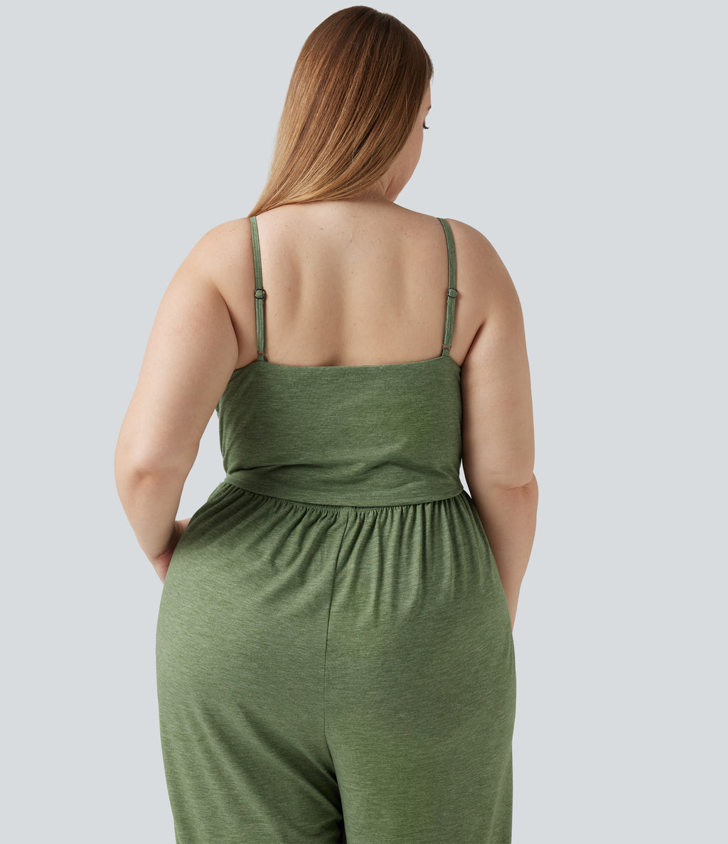 Plus Size Built-in Bra Ruched Wide Leg Heathered Casual Jumpsuit with Pockets-Edition — Light Green Floral Yarn — view 5