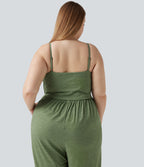 Plus Size Built-in Bra Ruched Wide Leg Heathered Casual Jumpsuit with Pockets-Edition — Light Green Floral Yarn — view 5