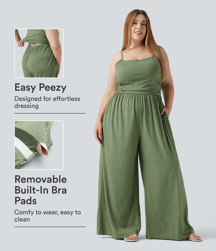 Plus Size Built-in Bra Ruched Wide Leg Heathered Casual Jumpsuit with Pockets-Edition — Light Green Floral Yarn — view 1