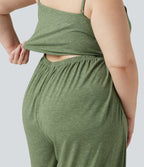 Plus Size Built-in Bra Ruched Wide Leg Heathered Casual Jumpsuit with Pockets-Edition — Light Green Floral Yarn — view 4