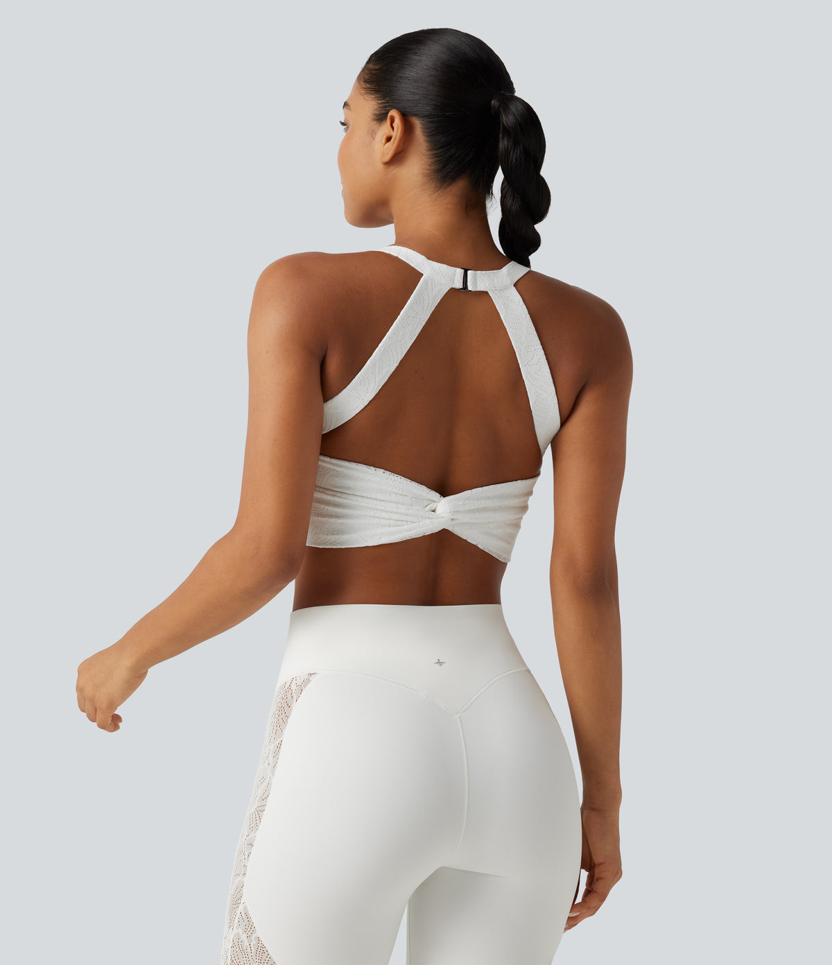 Twisted Backless Contrast Lace Built-in Bra Yoga Tank Top — White — view 4