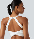 Twisted Backless Contrast Lace Built-in Bra Yoga Tank Top — White — view 1
