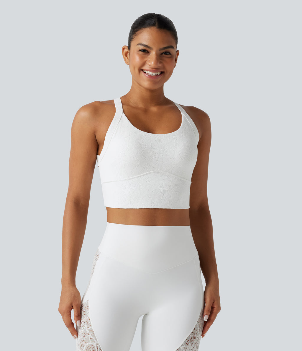 Twisted Backless Contrast Lace Built-in Bra Yoga Tank Top — White — view 2