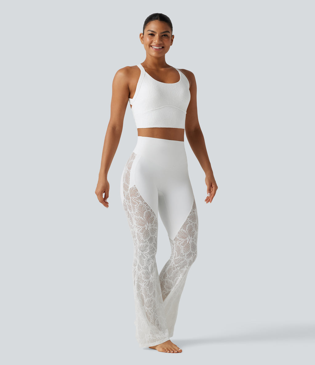 Twisted Backless Contrast Lace Built-in Bra Yoga Tank Top — White — view 7