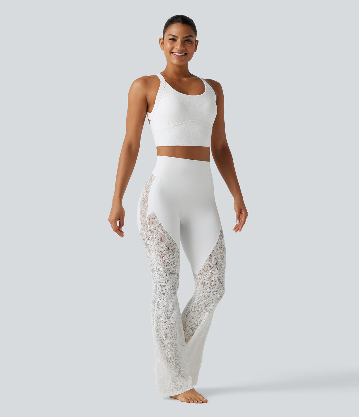 Twisted Backless Contrast Lace Built-in Bra Yoga Tank Top — White — view 7