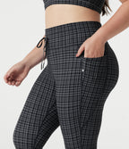 Plus Size Check Plaid Print High Waisted Drawstring Yoga Leggings with Pockets — Storm Gray Check Plaid — view 4