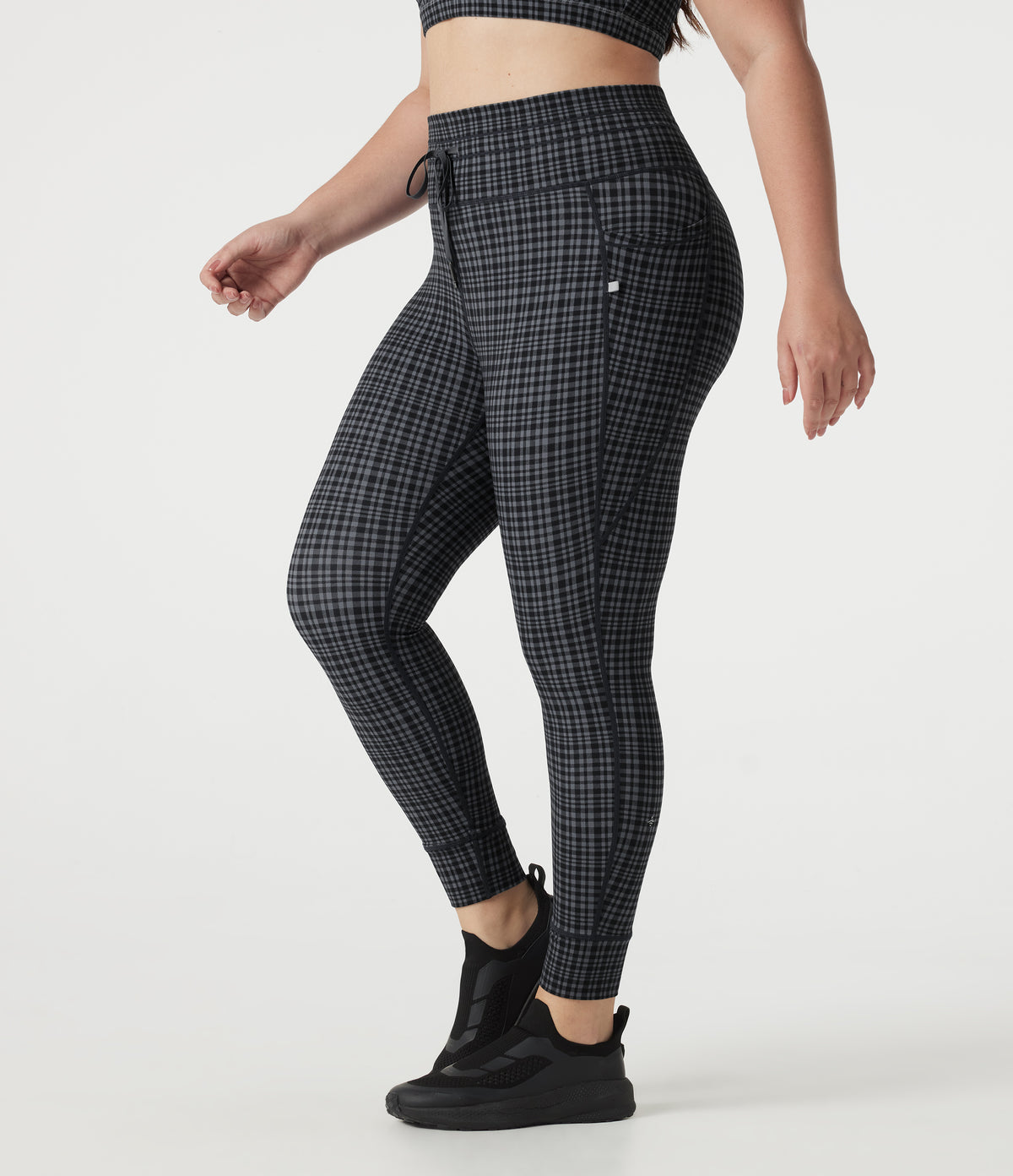 Plus Size Check Plaid Print High Waisted Drawstring Yoga Leggings with Pockets — Storm Gray Check Plaid — view 1