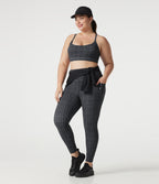 Plus Size Check Plaid Print High Waisted Drawstring Yoga Leggings with Pockets — Storm Gray Check Plaid — view 8