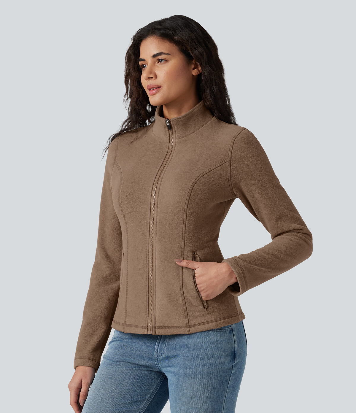 Stand Collar Zip Fly Slim Casual Fleece Jacket with Pockets — Coca Mocha — view 3