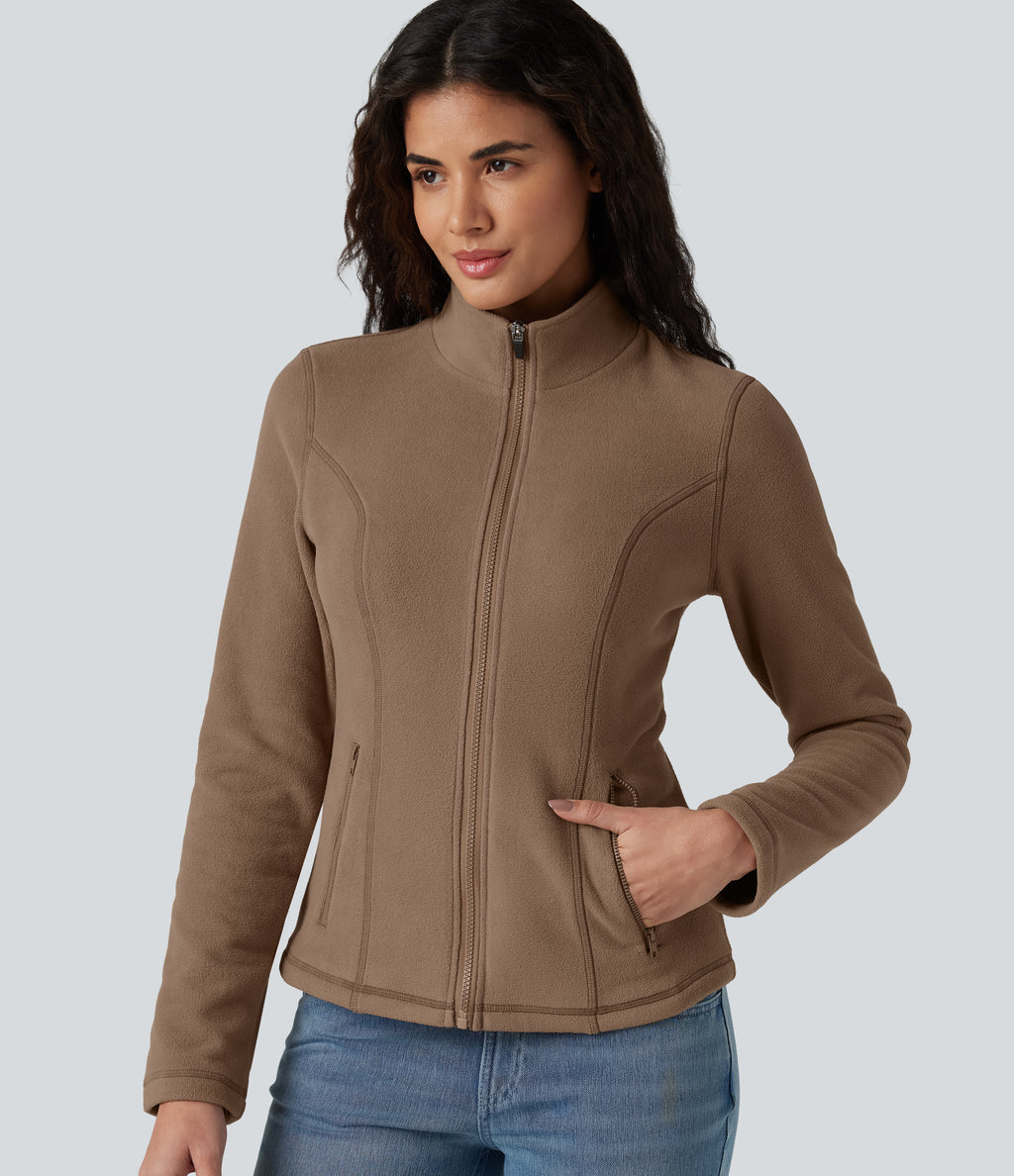 Stand Collar Zip Fly Slim Casual Fleece Jacket with Pockets — Coca Mocha — view 5