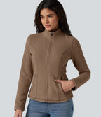 Stand Collar Zip Fly Slim Casual Fleece Jacket with Pockets — Coca Mocha — view 5