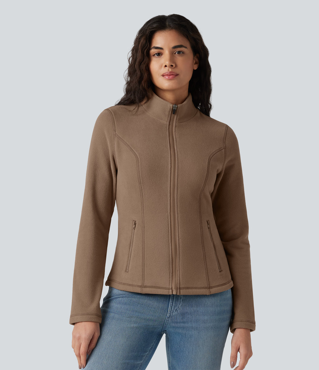 Stand Collar Zip Fly Slim Casual Fleece Jacket with Pockets — Coca Mocha — view 1