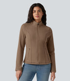 Stand Collar Zip Fly Slim Casual Fleece Jacket with Pockets — Coca Mocha — view 1