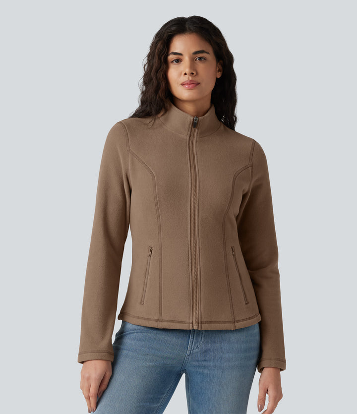 Stand Collar Zip Fly Slim Casual Fleece Jacket with Pockets — Coca Mocha — view 1