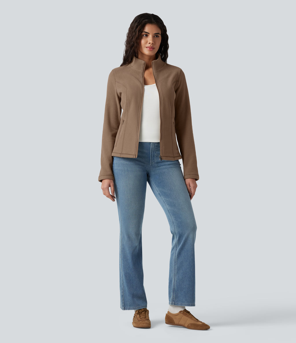 Stand Collar Zip Fly Slim Casual Fleece Jacket with Pockets — Coca Mocha — view 6