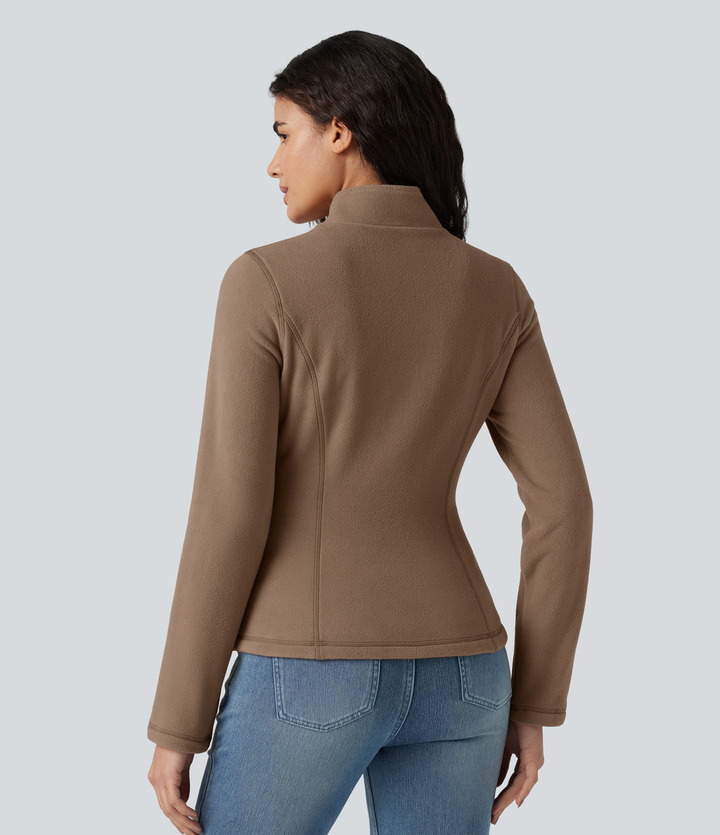 Stand Collar Zip Fly Slim Casual Fleece Jacket with Pockets — Coca Mocha — view 2