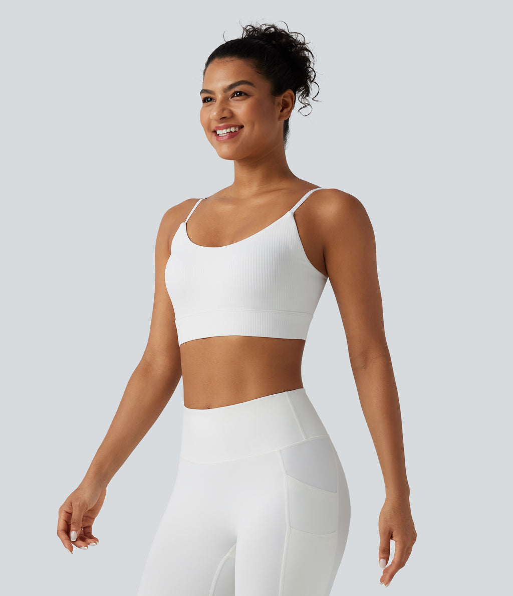 Ribbed Knit Low Support Built-in Bra Yoga Sports Bra — White — view 3