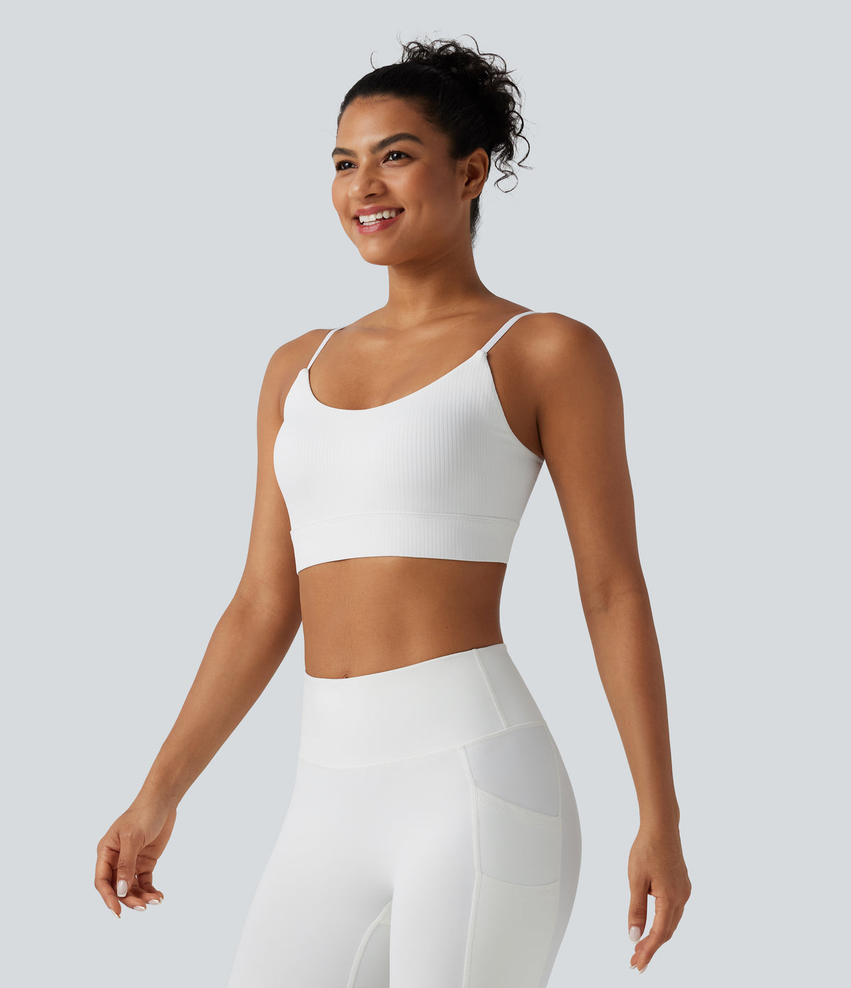 Ribbed Knit Low Support Built-in Bra Yoga Sports Bra — White — view 3